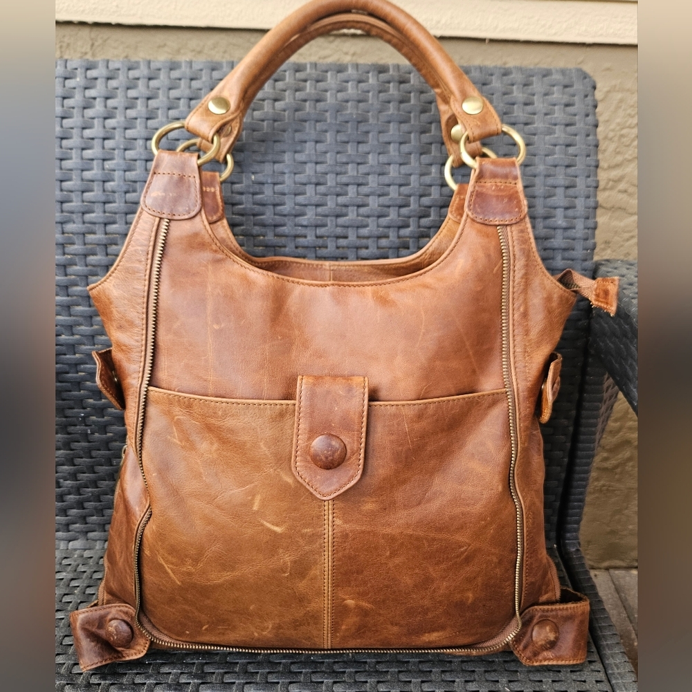 Distressed Brown Leather Shoulder Tote Bag